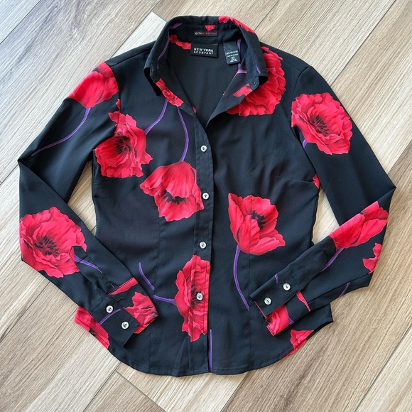 Vintage Tops - Vintage New York & Company Sheer Button Down Red Black Floral Blouse